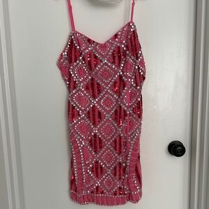 Pink Sequin Dress with Silver Accents with Jacket.